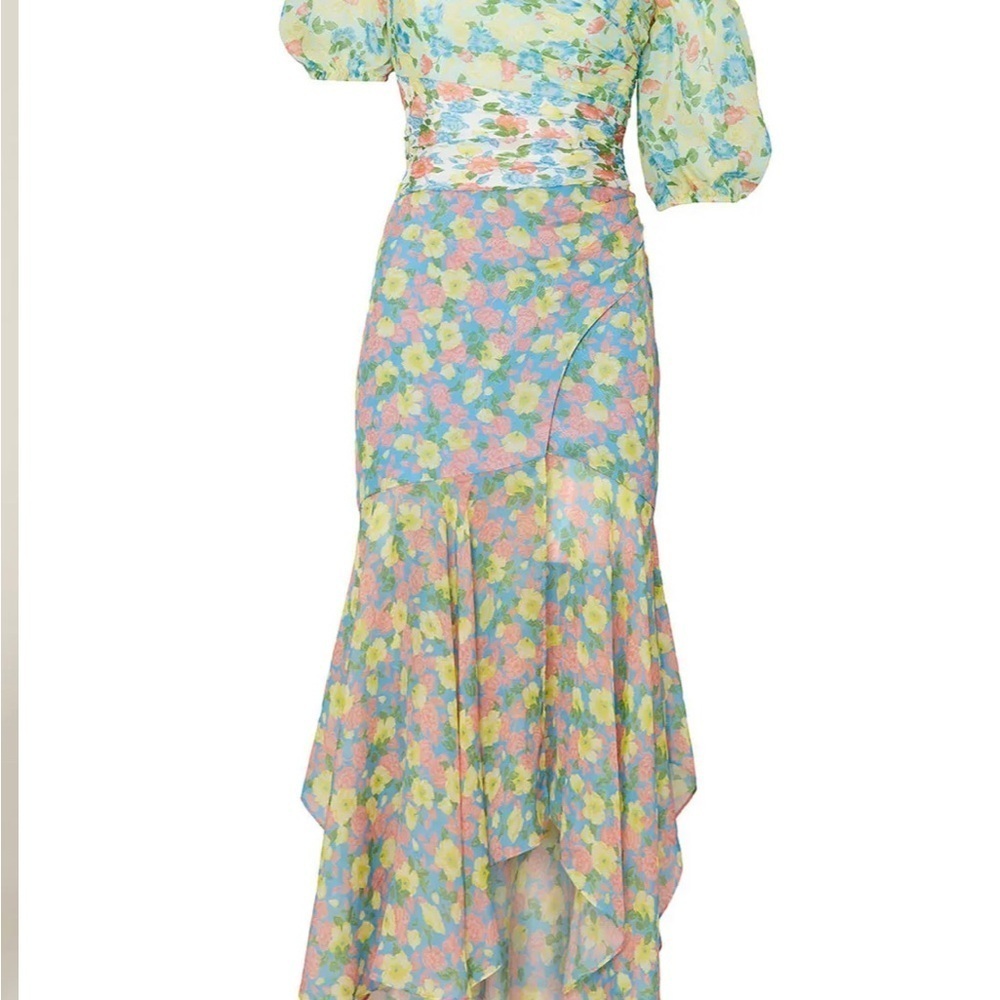AMUR Pastel Floral Midi Dress. Jayla patchwork floral silk asymmetrical lined